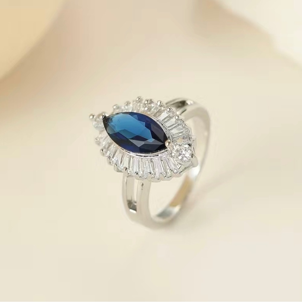 Classic Marquise Cut Blue Sapphire Ring w/White Accent Stones